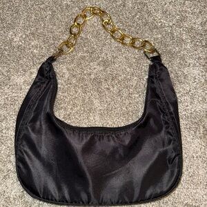 Elegant Black Satin Bag with Gold Chain